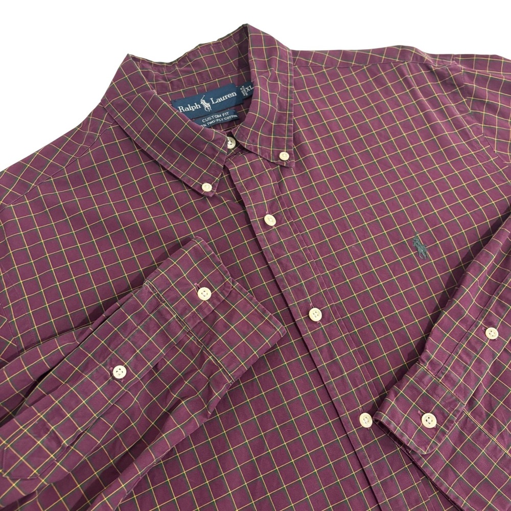 Ralph Lauren Button Down Shirt Mens XL Burgundy Check Custom Fit Two-Ply Cotton
